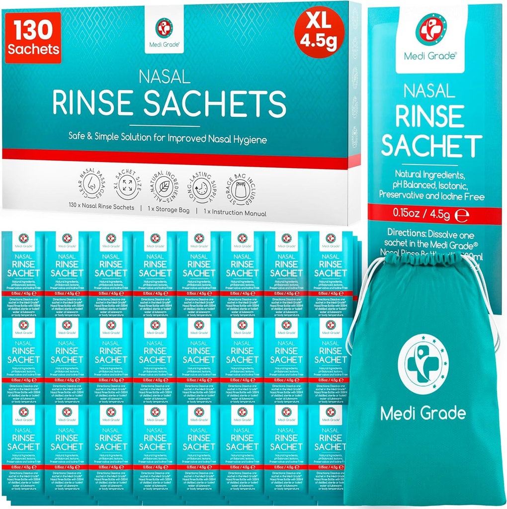 Medi Stupeň Sinus Rinse Packets - Nasal Rinse Essentials Kit 130 x Salt Packets a Pohodlné skladovací tašky - Užijte si bezstarostné Nasal zavlažování doma nebo na cestách s našimi Neti Pot Salt Packets