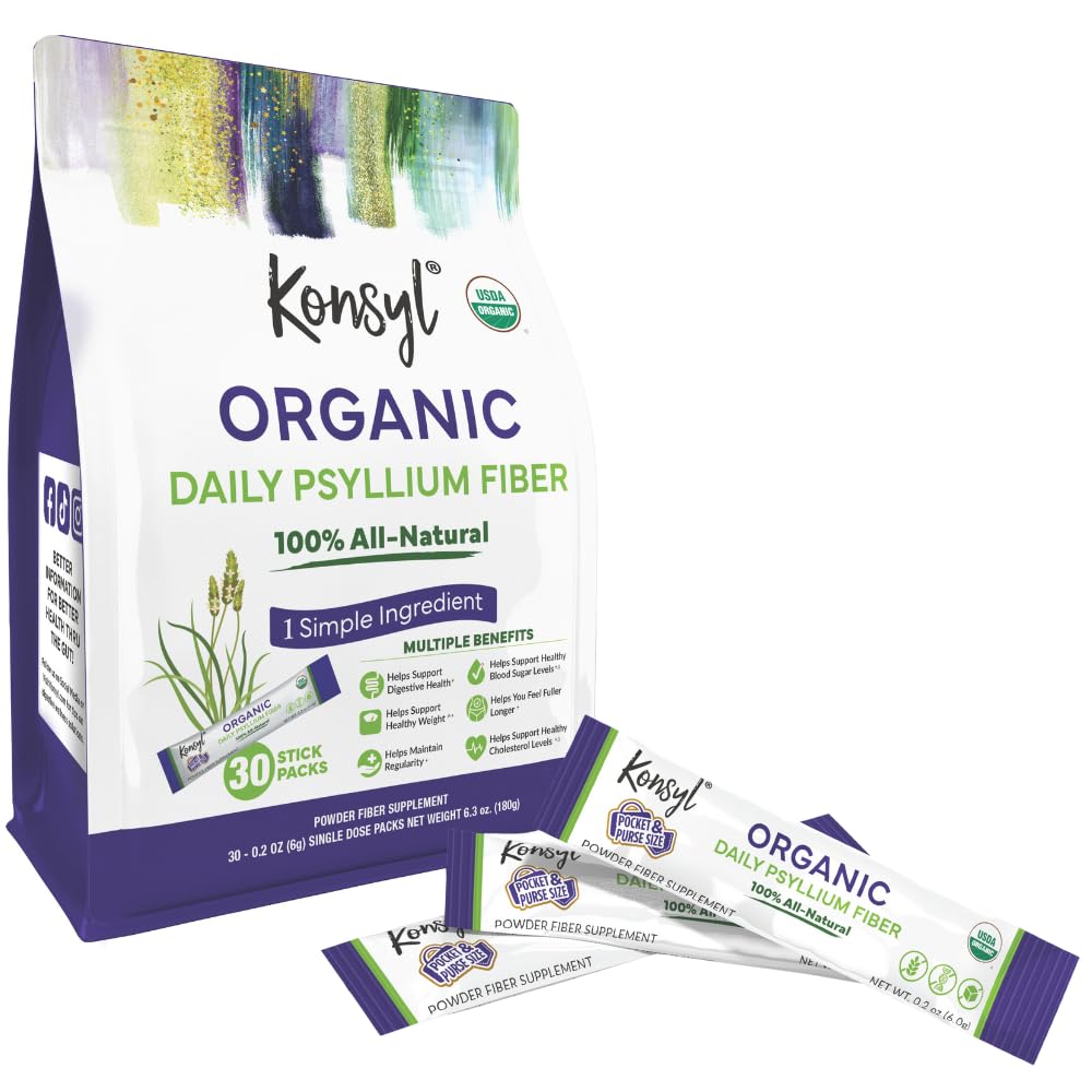 Konsyl Organic Daily Psylium Fiber Stick Packs - On-The- The- Fiber dodatek Powder - Pohodlné, All- Natural Soluble Fiber, gluten- Free & Sugar- Free, Vegan & Keto - 30 Packets
