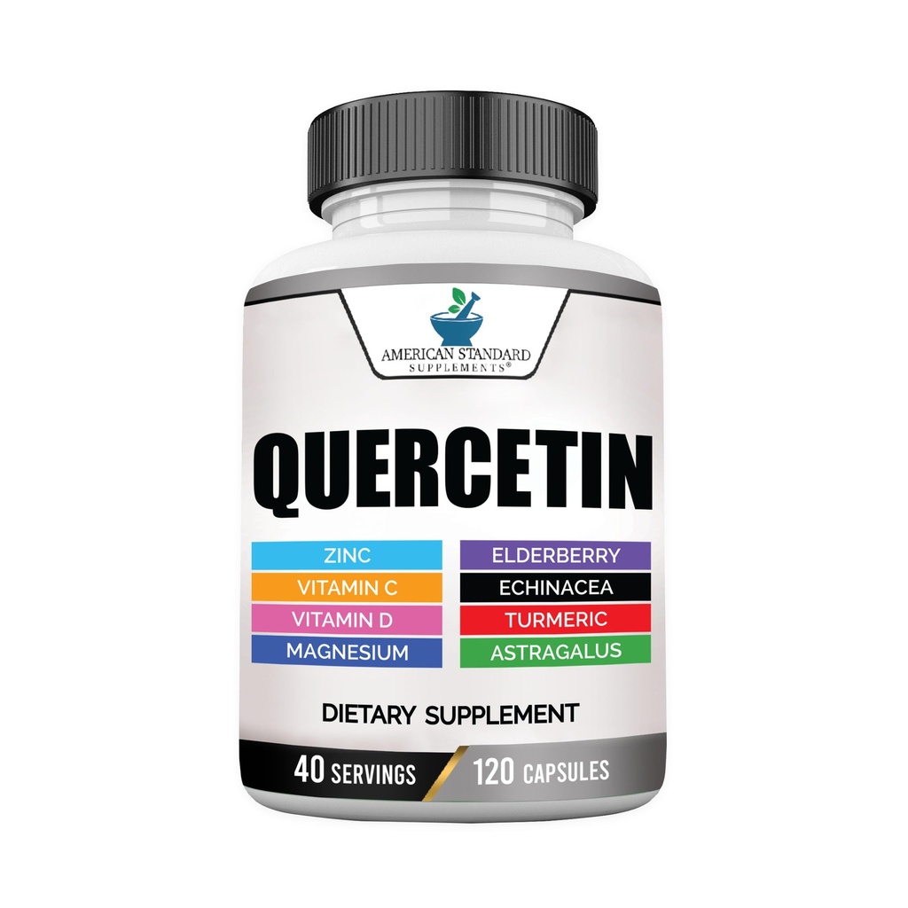 Americké standardní doplňky Quercetin 1000mg per Serving with zinek, Vitamin C, Vitamin D3, hořčík, Elderberry, Echinacea, Turmeric, Astragalus - Gluten Free, Non- GMO, 120 Kapsle, 40 Služeb