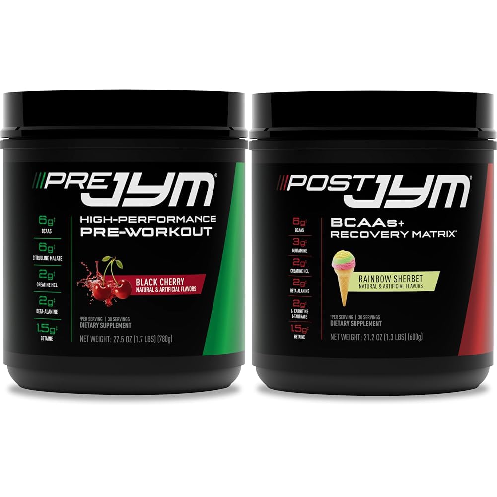 PRE JYM 30 Black Cherry & Post JYM Rainbow Sherbert Post- Workout 30 Servings Muscle Recovery Drink