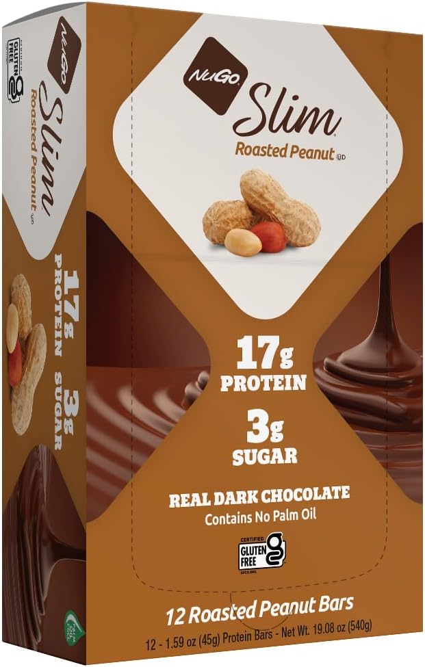 NuGo Slim Dark Chocolate Pečené oříšky, 16g protein, 2g cukr, 7g Fiber, Low Net Carb, Keto Friendly, Gluten Free, 12 Počet