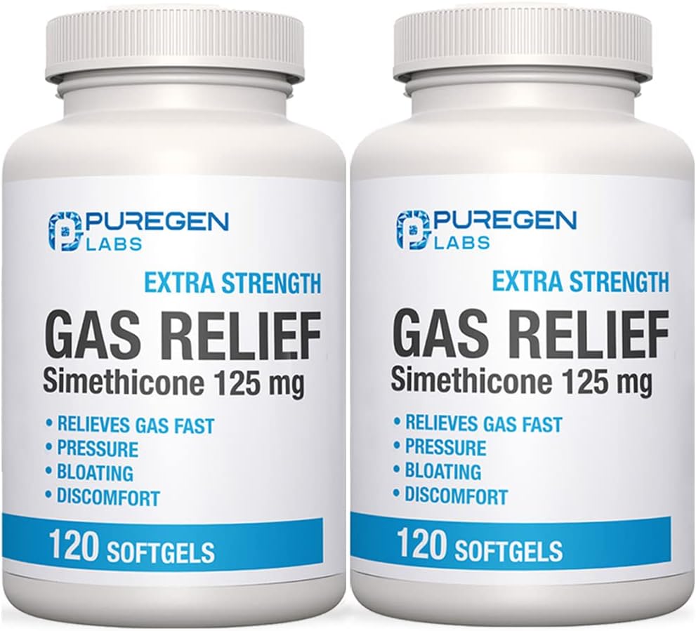 P Puregen Labs Extra Strength Gas Relief Softgels with Simethicone 125 mg IR 124; Fast Relieve of Pressure, Floating and Pain Discomform - 2 Pack IR 124; Total 240 Softgels