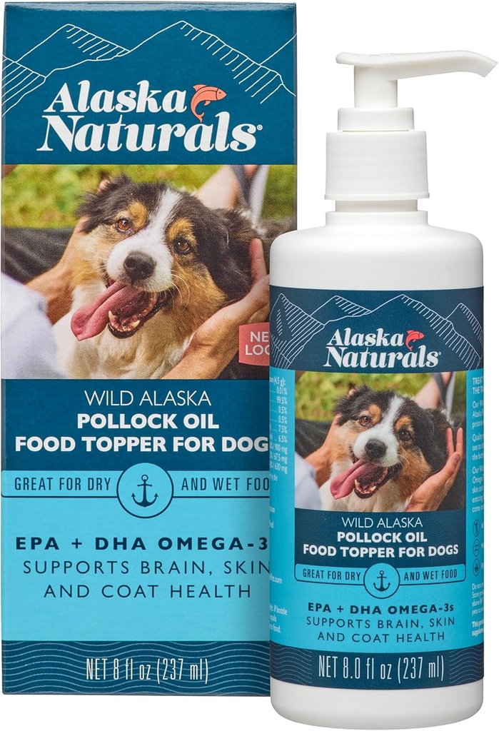 Udržitelný Aljašský rybí olej pro psy Kůže a kabát - EPA + DHA Omega 3 Olej - Tučné kyseliny Dog doplňky - Podpora kožešiny a zdraví mozku - Přírodní tekuté potraviny Topper pro domácí zvířata - 8 oz. Čerpadlo