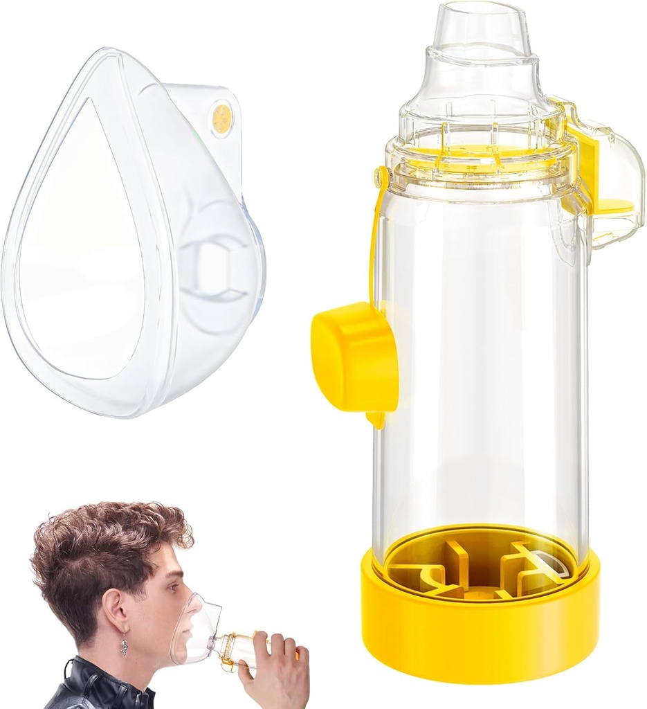 Ruční inhalátor Spacer pro kojence, děti a dospělé - Anti- Statické - Přenosný design pro domov, školu a cestování - Měkké silikonové masky - Nessi OTC Spacer - snadné čištění (žlutá dospělá)