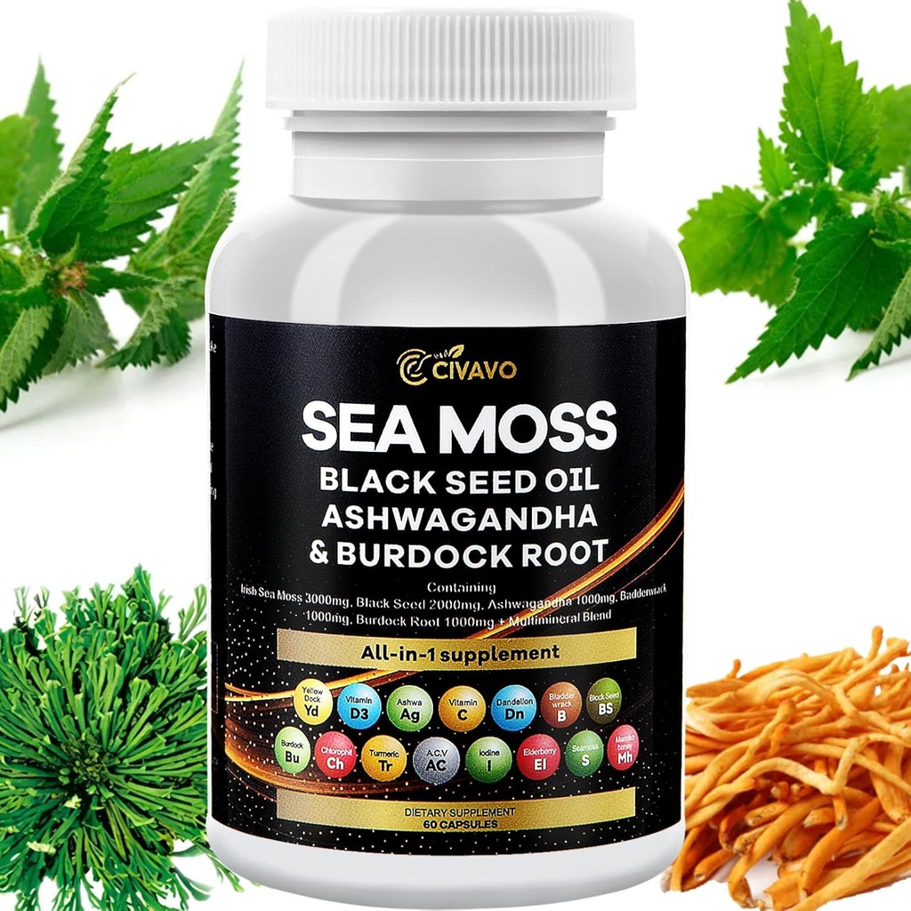Sea Moss 3000mg Black Seed Oil 2000mg Ashwagandha 1000mg Bladderwrack 1000mg Turmeric 1000mg Burdock 1000mg Vitamin C & D3 Elderberry Manuka Dandelion Yellow Dock chlorofyll ACV