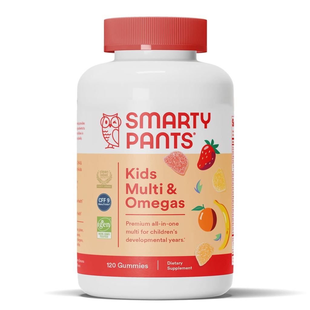 SmartyPants Kids Multivitamin Gummies: Omega 3 Fish Oil (EPA / DHA), Vitamin D3, C, Vitamin B12, B6, A, K & Zink pro imunitní podporu, Biotin, Gluten zdarma, Tři ovocné příchutě, 120 Počet (30 Day Supply)