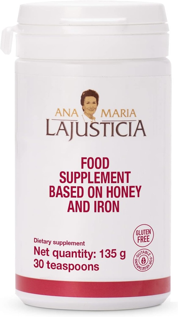 Ana Maria Lajusticia - Železo s medem - Příplatek k jídlu - 135g (30 lžiček) - Mléčné a gluten zdarma. Vegetarian Friendly. Perfektní pro podporu cévního zdraví.