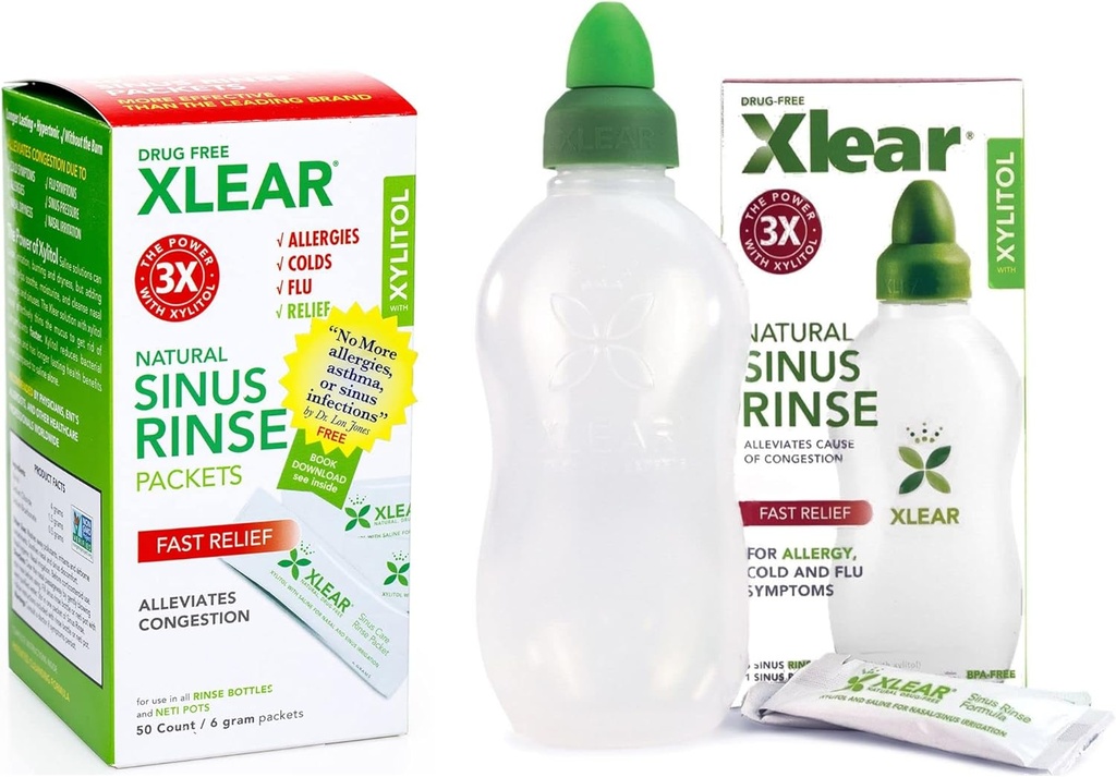 Xlear Natural Xylitol Sinus Rinse Refill, Neti Pot Saline Packets - Čistič nosu pro rychlé tlaky a zácpy, pracuje s nejvíce Nasal zavlažovací systémy, 50 Počet a 1 Rinse láhev