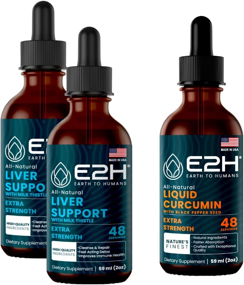 E2H: Dodatek k podpoře jater (2 Pack - 4 Fl Oz) a tekutý kurkumin (Single Bottle - 2 Fl Oz)