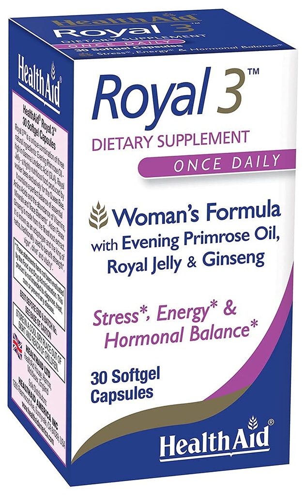 HealthAid Royal 3, s večerním Primrose Oil, Royal Jelly, ženšen, jednou denně, 30 Kapsle