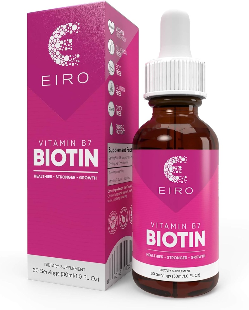 EIRO Biotin Liquid Drops S124; 6000mcg per service S124; Zdravější, Silnější, rychlejší - Vlasy a nehty S124; Superior Absorpce