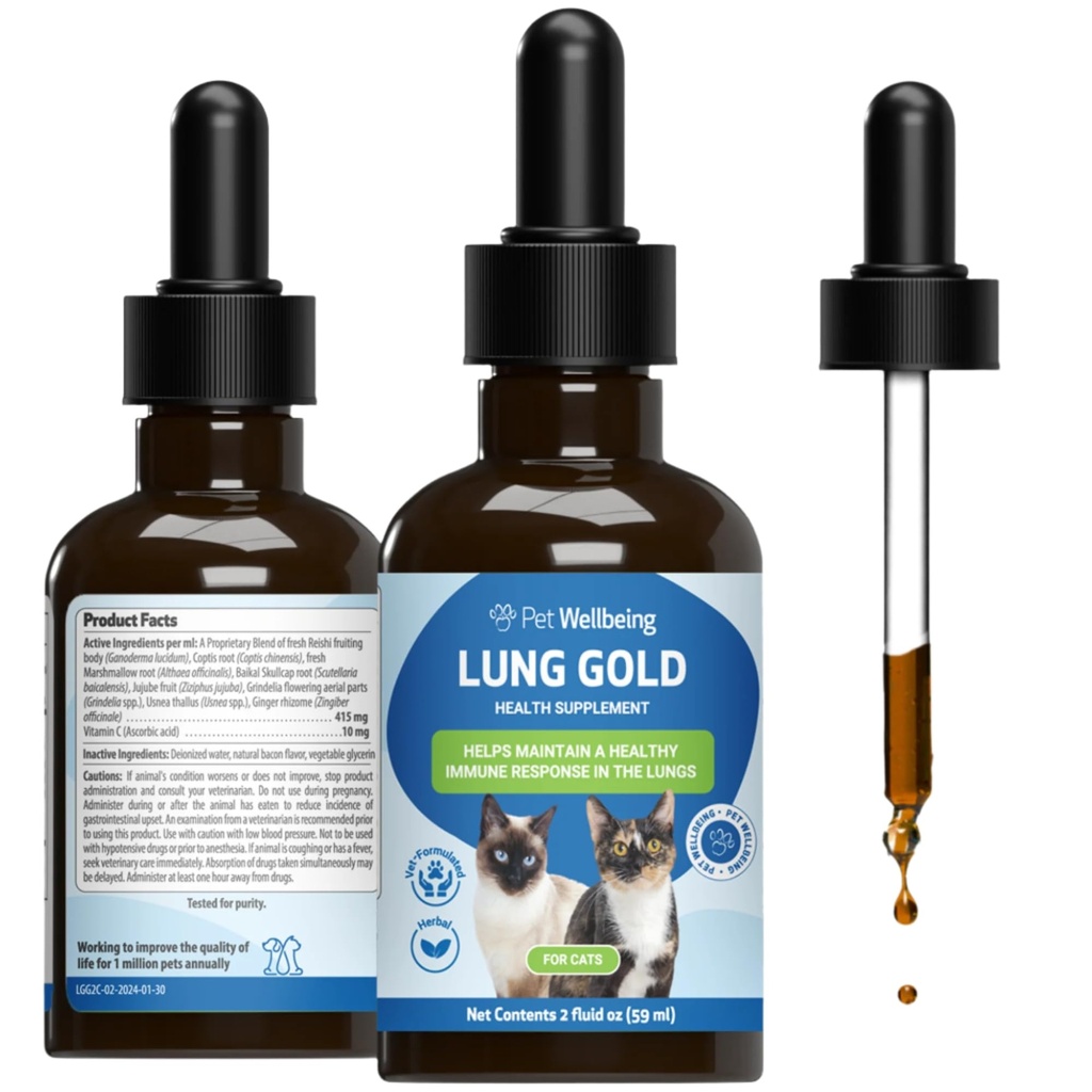 Pet Wellbeing Lung Gold pro kočky - Imunitní podpora plic, Dolní Respirační zdraví, Open Airways, Normální dýchání, Reishi, Coptis - Veterinarian- aplikovaný bylinný dodatek - 2 oz (59 ml)