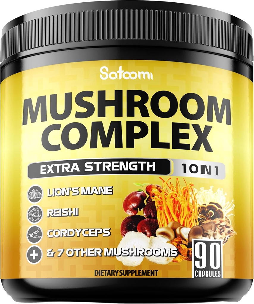 Satoomi 10in1 Houbový doplněk Complex - Lions Mane, Cordyceps, Reishi, Chaga a 6 Více - Mozkové doplňky pro paměť a zaměření - 90 Počet - 3 měsíce Dodávka