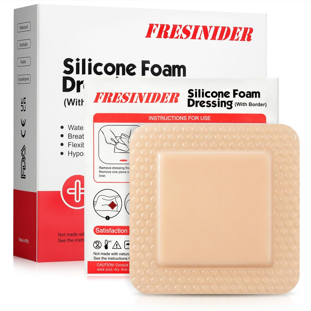 FRESINIDER Silikonový pěnový oděv s adhezivním okrajem - Obvaz na zranění - Silikonový foam Pad - Balení 10 - 4 x 4 Inches Velké vodotěsné obvazy - Vlastní adhezivní péče o zranění a Dressings
