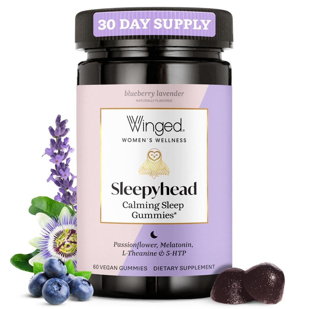 Winged Wellness Sleepyhead Natural Sleep Gummies for Women - Prémiová podpora spánku pro dospělé s 3 mg melatoninu, L- Theanine, 5-HTP - Blueberry Lavender Ochucené - 30 Služeb