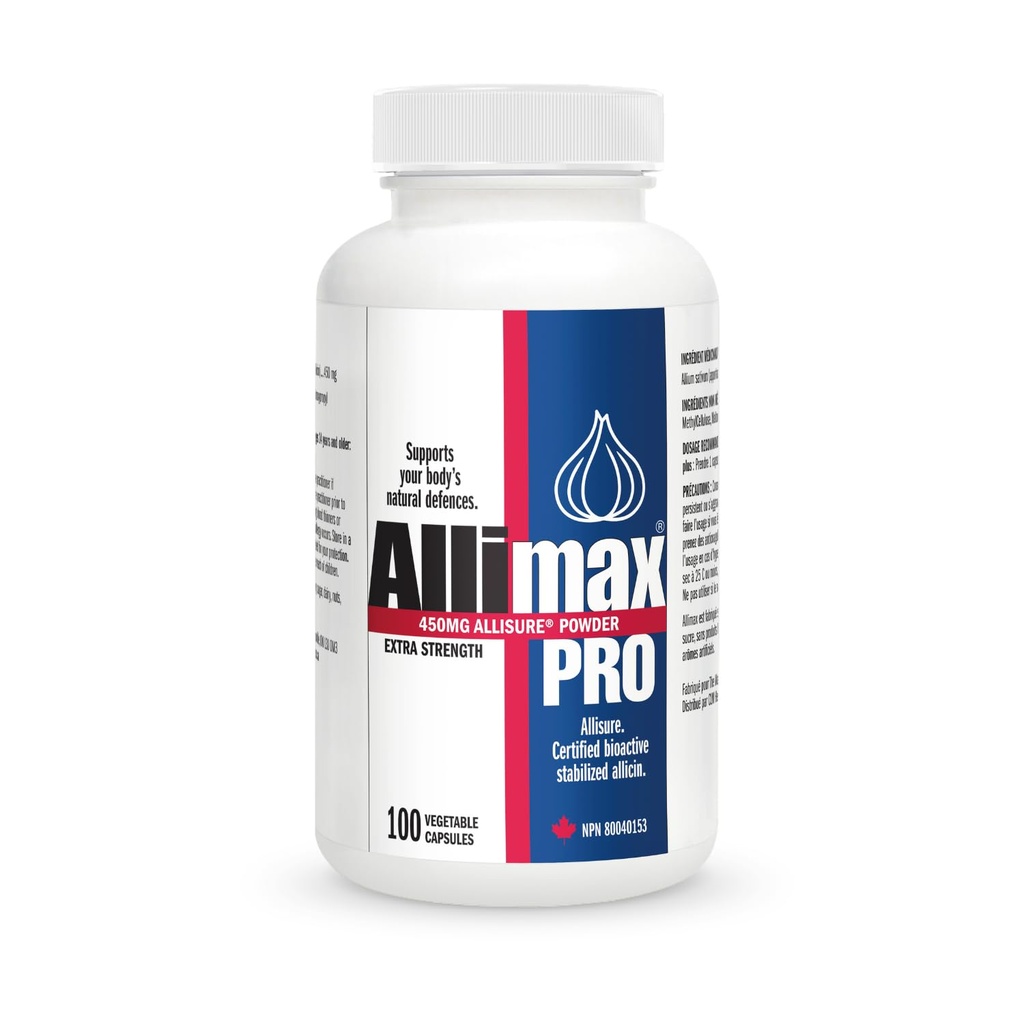 Allimax Pro 450mg 100 Vegicaps. Allicin Česnek dodatek k podpoře imunitní funkce vašeho těla. Stabilizovaný Allicin extrahovaný z čisté a udržitelné španělské pěstované česnek. Profesionální síla