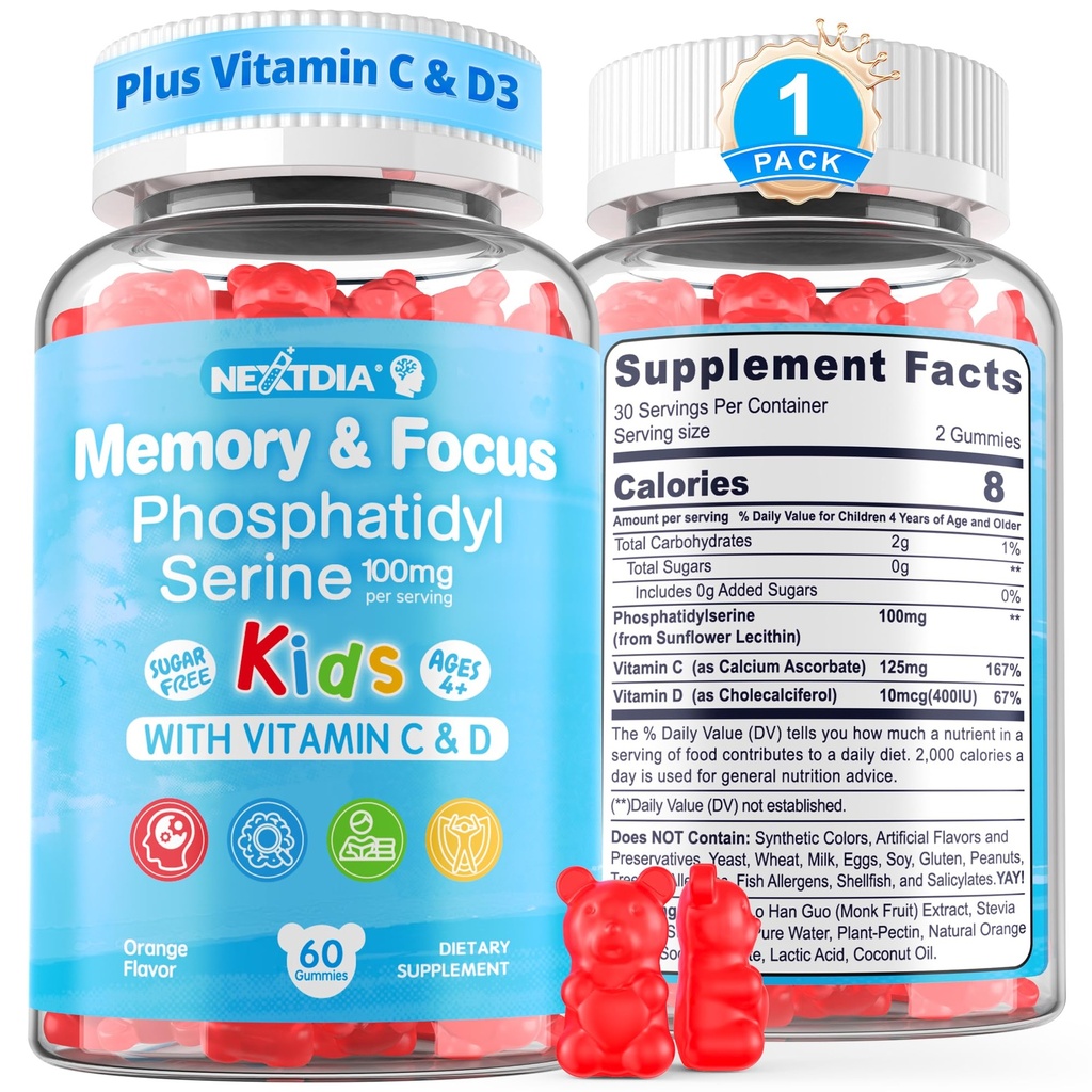 Fosfatidylserine dodatek 100mg, Focus Gummies for Kids Teens + Vitamin C & D3 400IU, Cukr zdarma Děti Brain Gummies Zvýšit pozornost a koncentrace, Žvýkací, Vegan, Gluten zdarma, Non- GMO 60Cts