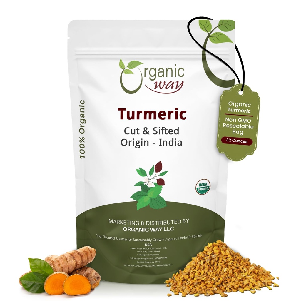 Organic Way Turmeric / Haldi Root Cut & Sifted (Curcuma Longa) - Bylinný čaj 124; Kosher & USDA Certified OF 124; Vegan, Non- GMO & Gluten Free OF 124; 100% syrové z Indie (2LBS / 3OZ.)