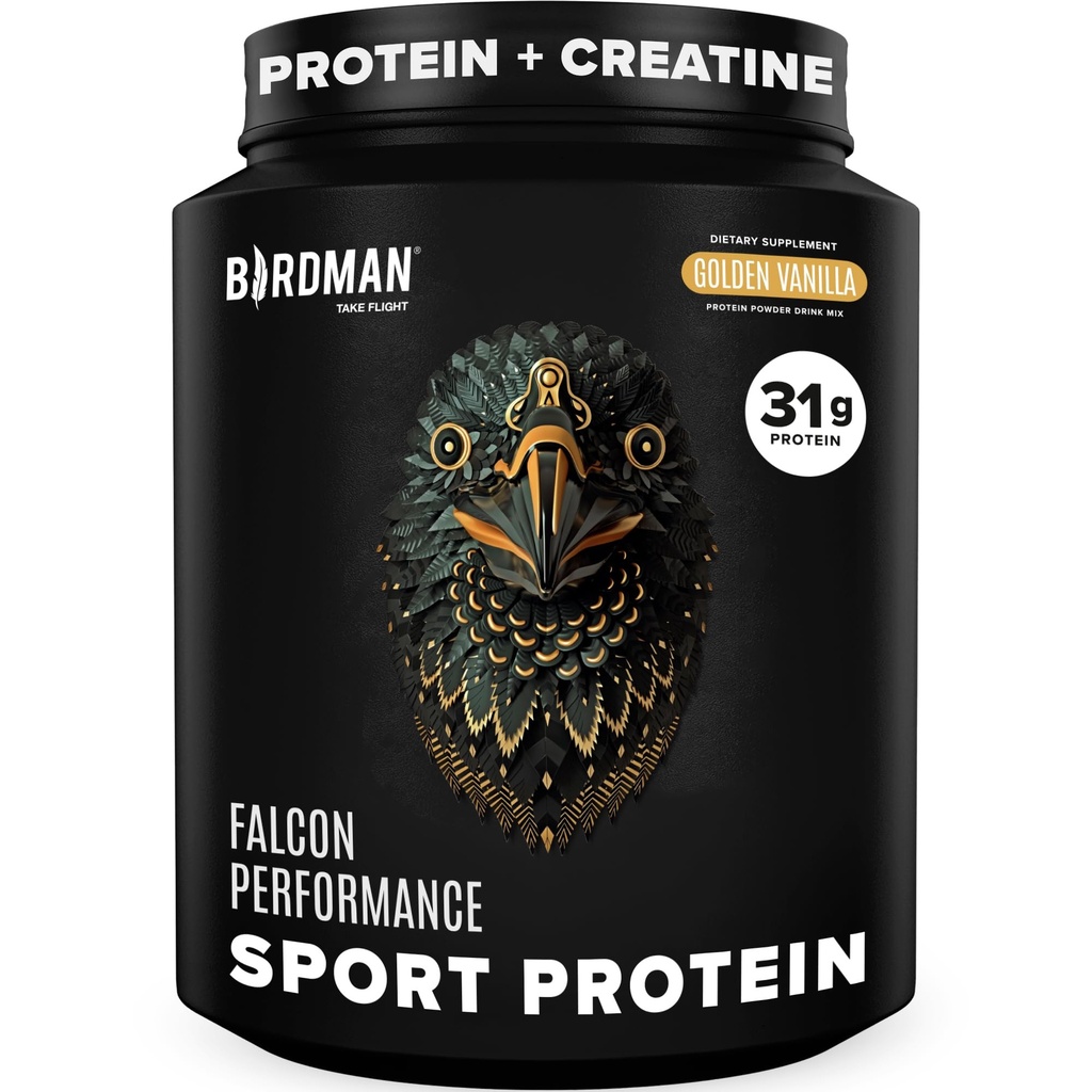BIRDMAN Falcon Performance Vegan Protein Powder, 31g Protein, 5g Creatine, 5g BCAA, Probiotika, Electrolytes, Pre Workout, Low Carb, Cukr zdarma & mlékárenské zdarma, Plant Based Vanilla Protein -19 Servings
