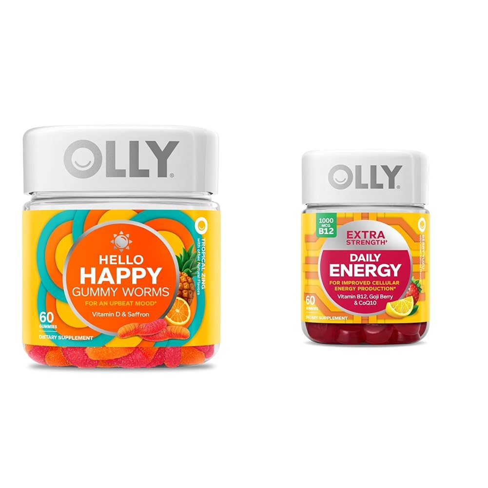 OLLY Hello Happy Gummy Worms, Mood Balance Support, Vitamin D, Saffron, Dospělý Žvýkací doplněk & Extra Síla Daily Energy Gummy, Caffeine Free, 1000mcg Vitamin B12, CoQ10, Goji Berry