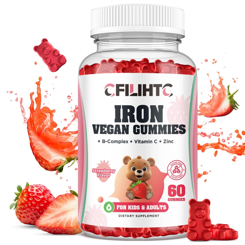 Železné žvejkačky pro děti, ženy a muže, Železný dodatek s multivitaminem - vitamín B Complex, C, B6, B12, Folát, Zinek pro anemii, Nedostatek železa, Krevní stavitel, Energie - Jahoda Flavor, Vegan 60ct