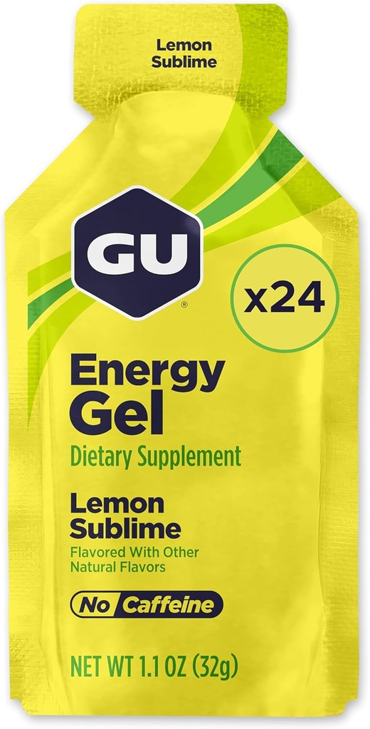 GU Energy Original Sports Nutrition Energy Gel, Vegan, Gluten-Free, Kosher, a Dairy-Free On-theBean Energy for any Workout, 24-Count, Lemon Sublime