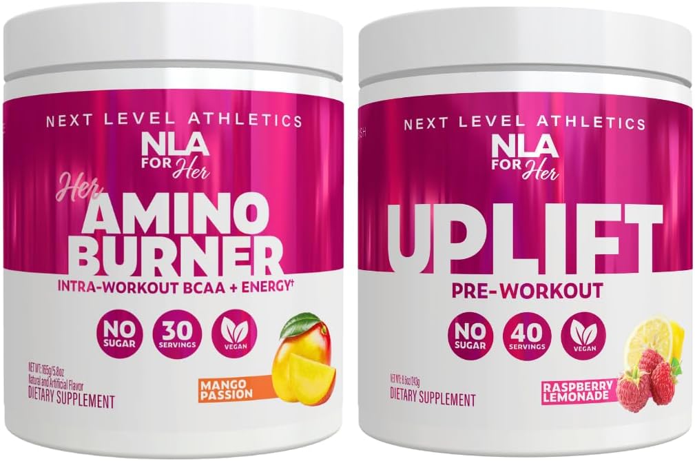 NLA pro její Pre / Intra Workout Stack (zahrnuje její termogenní Amino Mango Vášeň a Uplift Pre Workout Raspberry Lemonade)