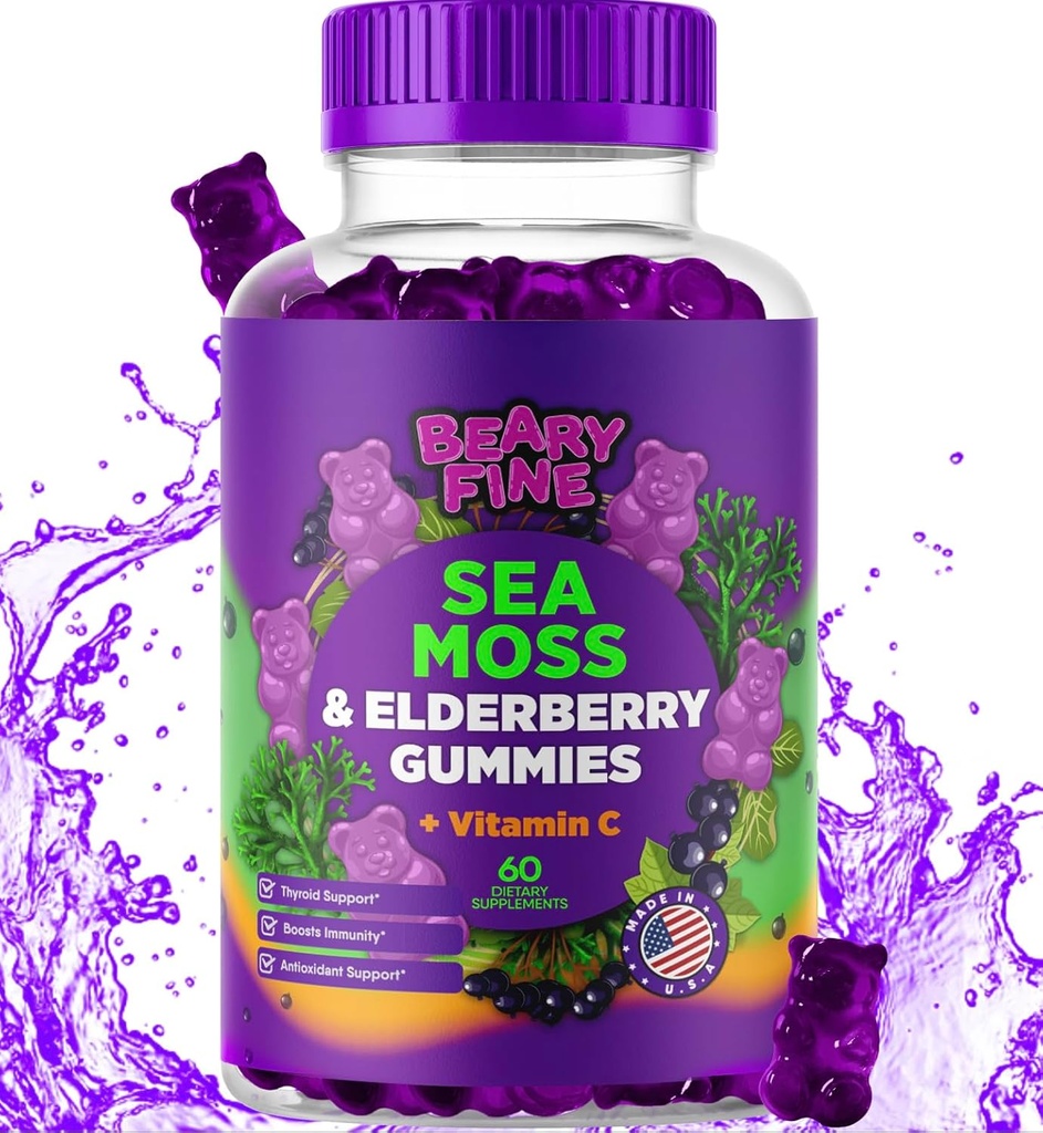 Sea Moss Gummies & Elderberry - Vitamin C + Zink - Extra síla imunitní a štítné žlázy podpora Booster Gummy Medvědy pro děti a dospělé - 60 Seamoss Gummies - Vyrobeno v USA