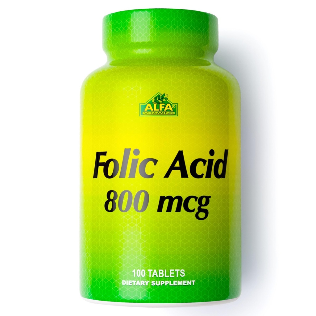 ALFA VITAMINS Folic Acid 800 mcg Prenatal dodatek, Podporuje kardiovaskulární zdraví, tělesné a mozkové funkce, Formace červených krvinek a zdravý vývoj plodu, Dietní dodatek, 100 Tablety