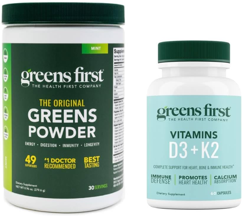 Zelenina První - Mincovna - 30 Podání - Zelenina Powder Superfood, 49 Superfoods, 15 + Organic Fruit & Zelenina, mléčné výrobky zdarma, Vegan & Non- GMO - 9.86 oz a D3 + K2 vitaminy, 60 Zeleninové kapsle
