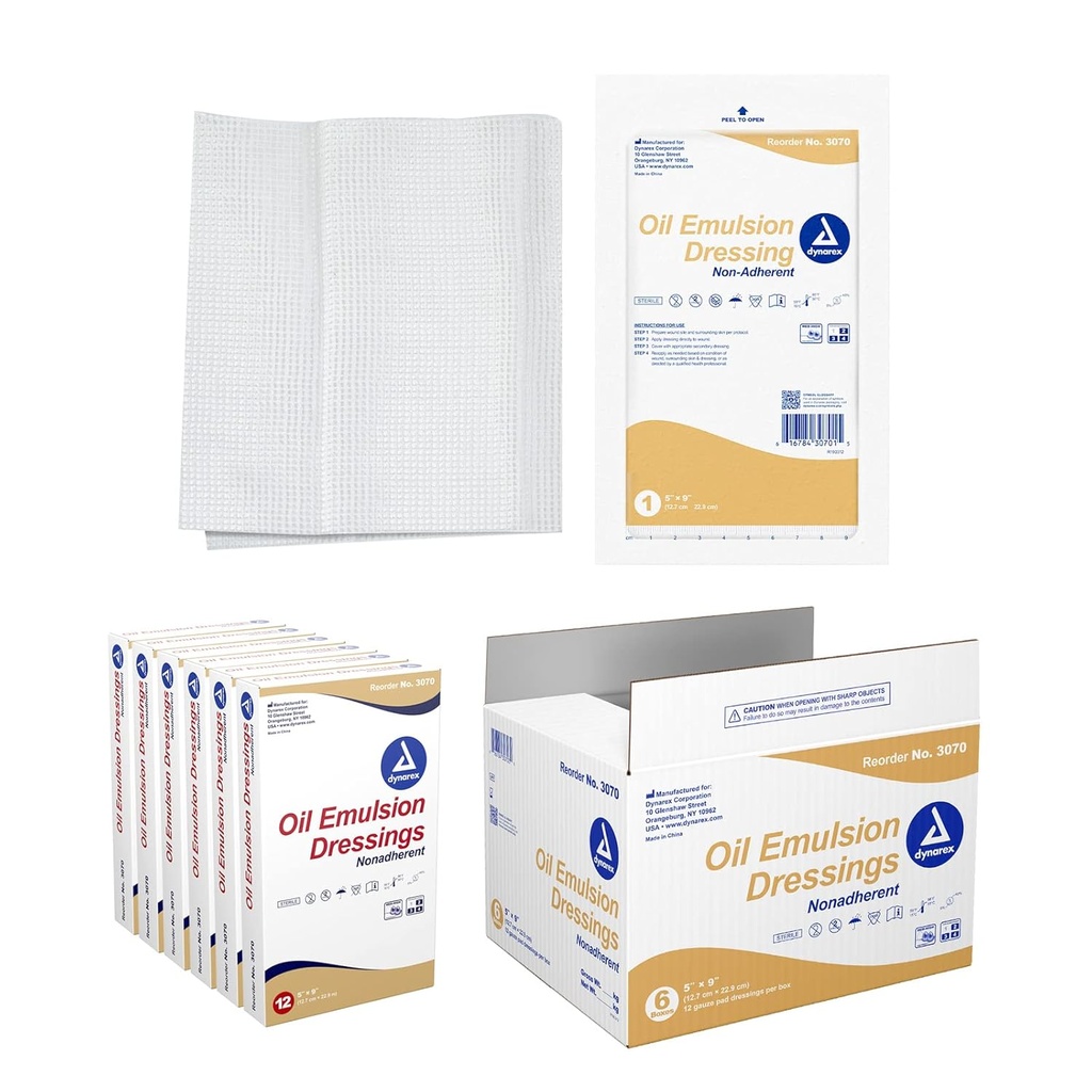 Dynarex Oil Emulzní Dressings, Wound Care, Absorbent, 5 "x 9" Sterilní Knidový Gázový dress s emulzní směsí Petrolatum a slunečnicového oleje, 6 Krabičky 12 Ropné emulzní Dressings