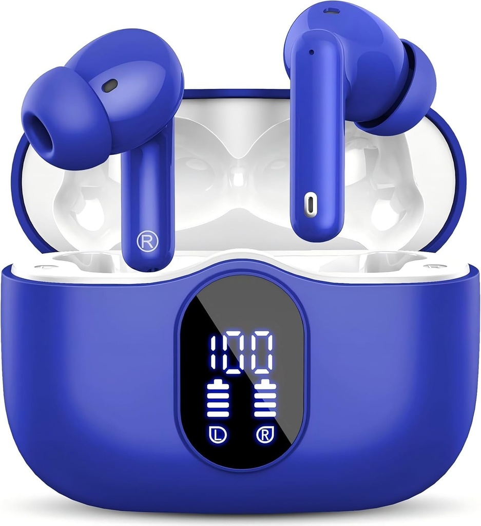 Bezdrátové sluchátka Bluetooth 5.3 Sluchátka Bass Stereo Ušní Budy s hlukem Cancelling Mic LED displej v Ušní sluchátka IP7 Vodotěsný 36H Playtime pro Laptop Pad Phones Sportovní Workout Blue