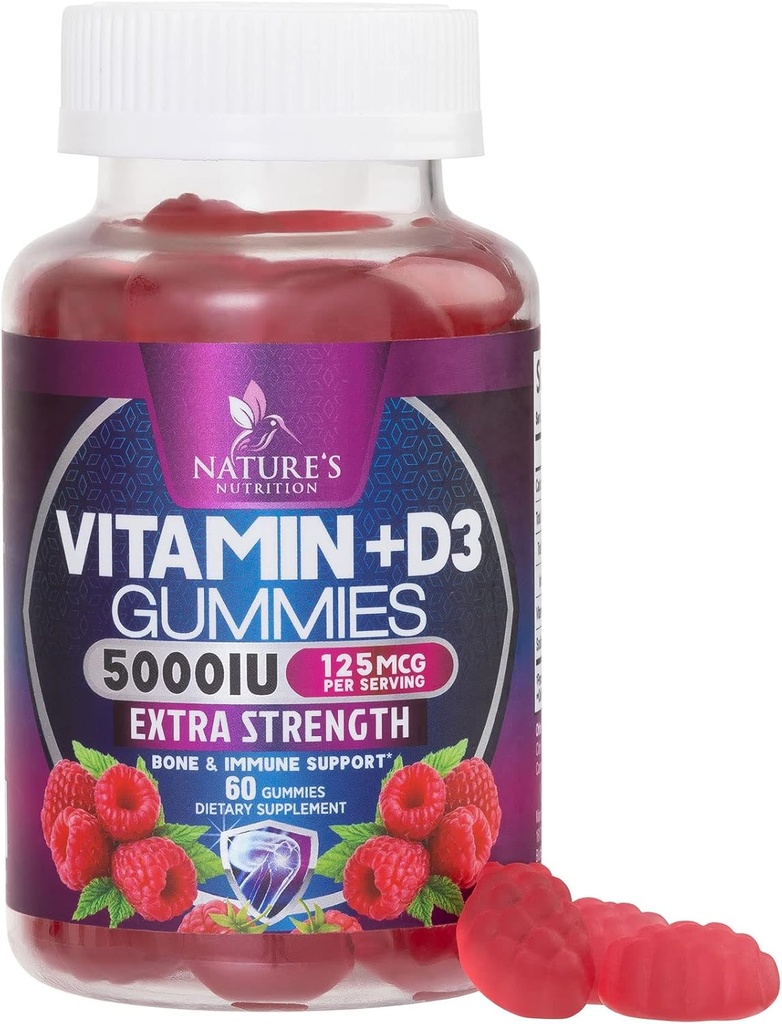 Vitamin D3 Doplněk Gummy 5000 IU (125 mcg) Dietní vitaminy D pro muže a ženy - Kost, zuby, svalová a imunitní podpora zdraví, vysoká potence VIT D3 Příroda Non- GMO & Gluten Free - 60 Gummies