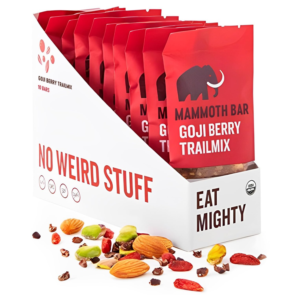 Mammoth Bar Goji Berry Trail Mix - 10 Organic Protein Bars - Prebiotic • Paleo • Gluten zdarma • Vaječný protein • GMO zdarma • Raw • Premium Ořechy