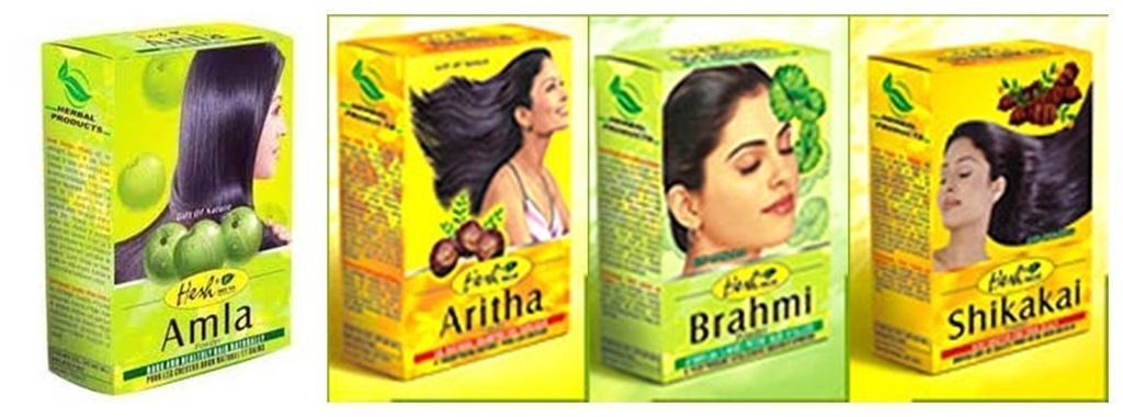 Hesh Bylinný Amla Powder 100G, Brahmi Powder 100G, Shikakai Powder 100G, Aritha Powder 100G - 1 Kompletní péče o vlasy Combo Pack