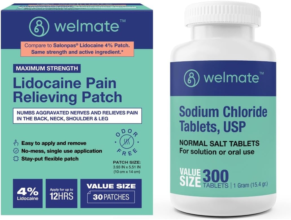 WELMATE Recovery Bundle: Chlorid sodný tablety, 300ct + 4% Lidokain Numbing Patch 30 ct