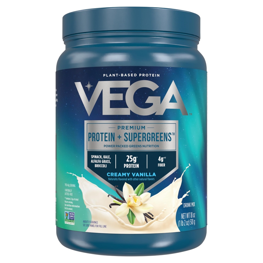 Vega Protein a Zelený protein Powder Creamy Vanilla (11 Servings) 25g Plant Based Protein Plus Veggies, Vegan, Non- GMO, Pea Protein for Women and Men, 1.2lbs