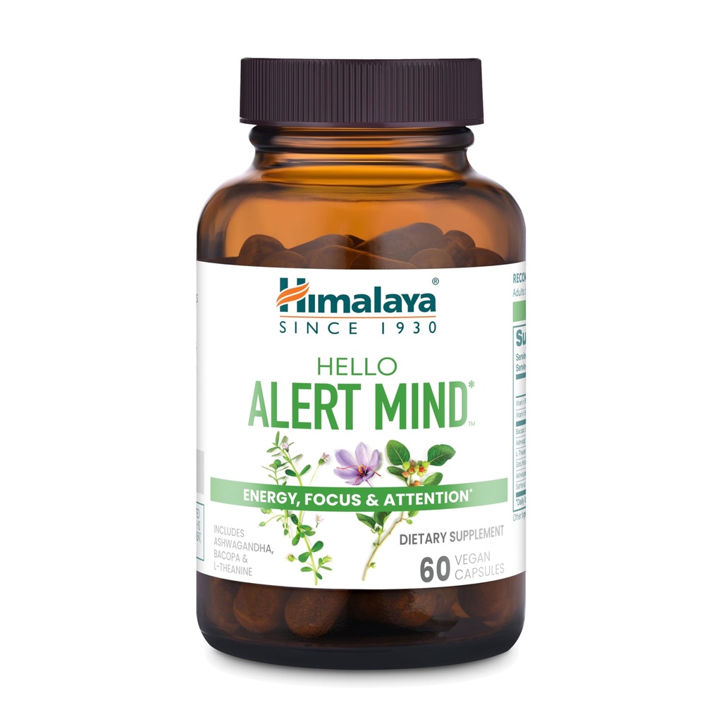 Himalaya Hello Alert Mind with L-Theanine, Ashwagandha, Bacopa, Vitamin B6 & B12, for Energy, Focus & Attention, Vegan, Gluten Free, 60 Kapsle