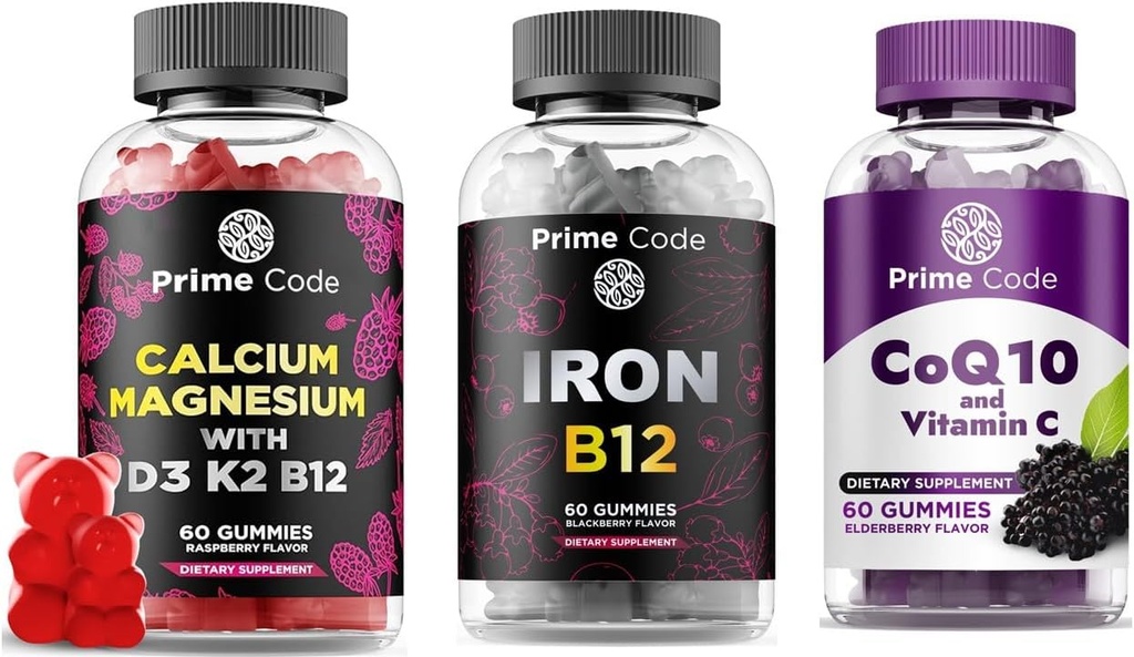 Primární kód Vápníkové gumy pro ženy a muže s hořčíkem Vitamin B12 Vitamin K2 & Vitamin D3, Železné gumy pro ženy a muže, [2 z 1] CoQ10 200mg & Vitamin C