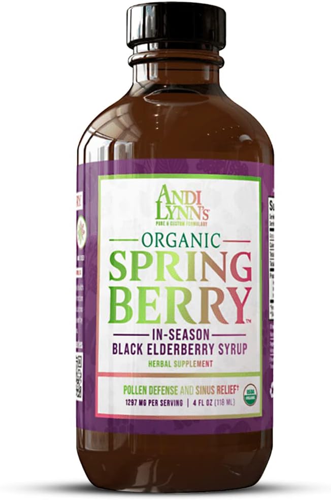 Andi Lynn 's SpringBerry, Organic Black Elderberry Syrup, Pollen Defense & Sinus Relief for Seasonal Alergies, Herbal Imunitation Supplement for Kids & Dospělí, 4 oz