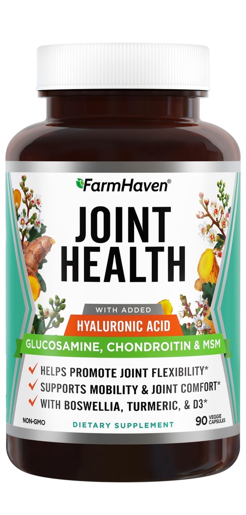 FarmHaven Glucosamine Chondroitin MSM s boswellií, kurkuma 124; Přidáno Hyaluronic Acid & Vitamin D3 IR 124; Promotes Joint & Muscle Health & Inflosis Response IR 124; Non- GMO & Gluten Free IR 124; 90 Kapsle