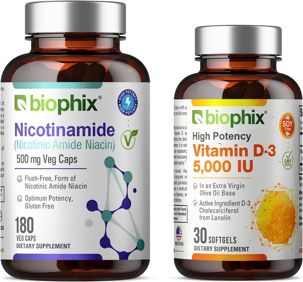 biophix B-3 Nikotinamid 500 mg 180 Vitamin D- 3 5000 IU 30 Softgels - Nikotinová amide Niacin Natural Flush- Free Vitamin Formule - Podporuje zdraví kožních buněk