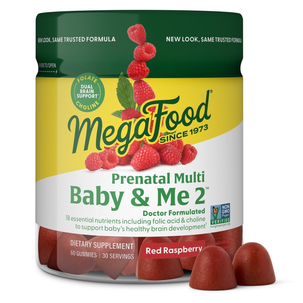 MegaFood Baby & Me 2 Prenatální vitamíny pro ženy gumové s listovou kyselinou a Choline pro vývoj dětského mozku; Plus Real Fruit - Red Raspberry Flavor - 60 Gummies (30 Služeb)