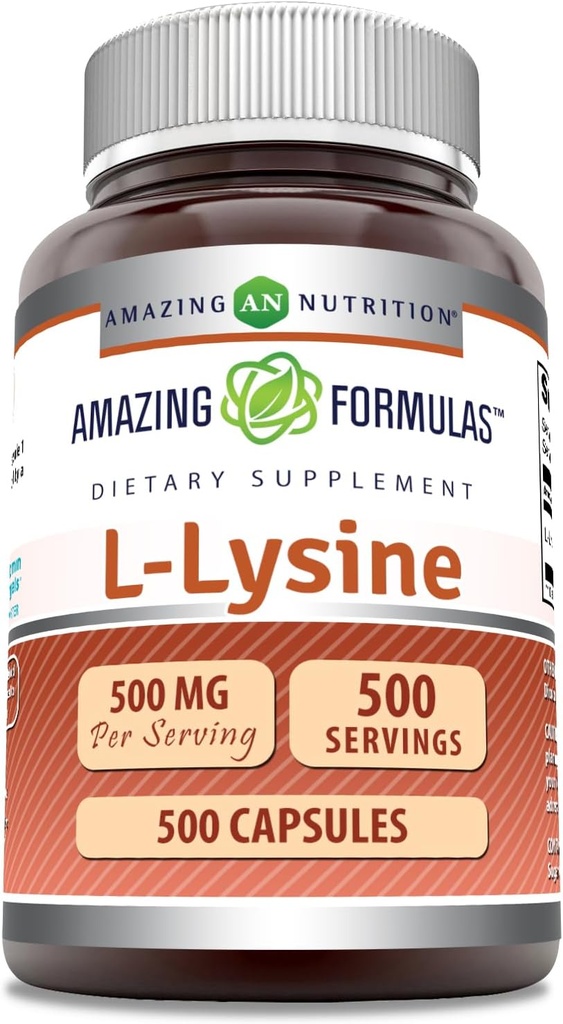 Amazing Applicas L- Lysin 500 mg Kapsle Amino Acid Supplementary 124; Non- GMO AIIR 124; Gluten Free AII124; Made in USA (500 Count)