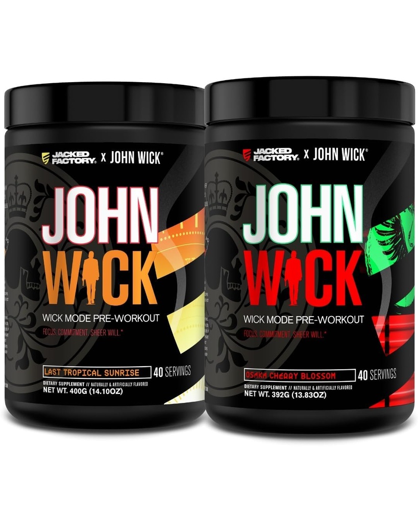 Jacked Factory X John Wick - Wick Mode Pre Workout Powder - Intense Energy, Battle-Ready Focus, Unstoptable Reason, and Sheer Will - Last Tropical Sunrise & Osaka Cherry Blossom (80 Služeb)