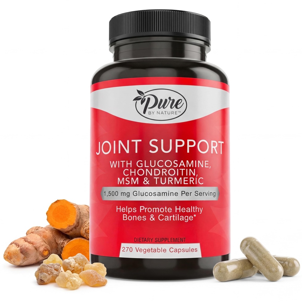 Pure By Nature Společná podpora, Glucosamine s Chondroitin Turmeric MSM Boswellia Dodatek, 270 Kapsle