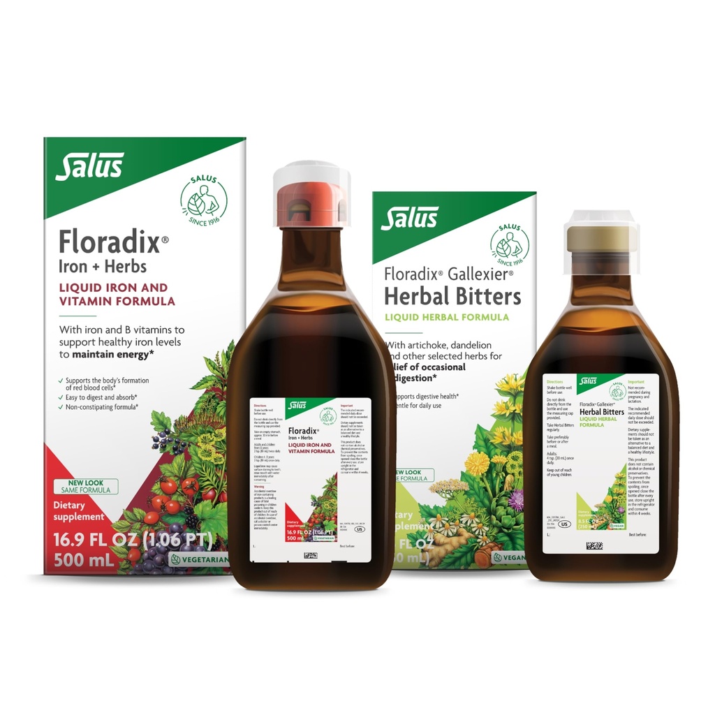 Floradix by Salus Gallexier Herbal Bitters (8.5 oz) & Železo & Byliny (16.9 oz) Bundle - Bylinné hořčice pro stravovací podporu * - Železný dodatek pro zdravou energetickou podporu *