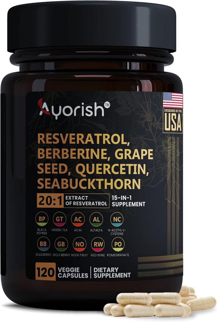 Resveratrol dodatek 124; Berberine Grape Seed Extract Quercetin Green Tea Extract Acai Noni Polyfenol dodatek pro ženy a muže, N-Acetyl Cysteine NAD Booster 120 Počet