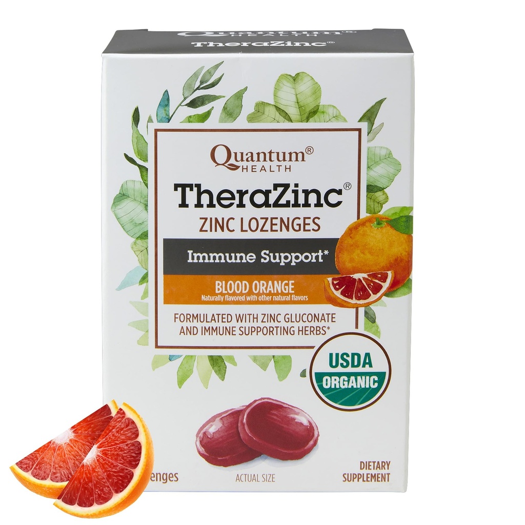 Quantum Health TheraZinek Organic Zinek Lozenges Echinacea & Med Imunitation Support for Dospělí a děti 12 + Přirozeně ochucená krev Oranžová Rychlá pomoc bez následků - 25 Počet