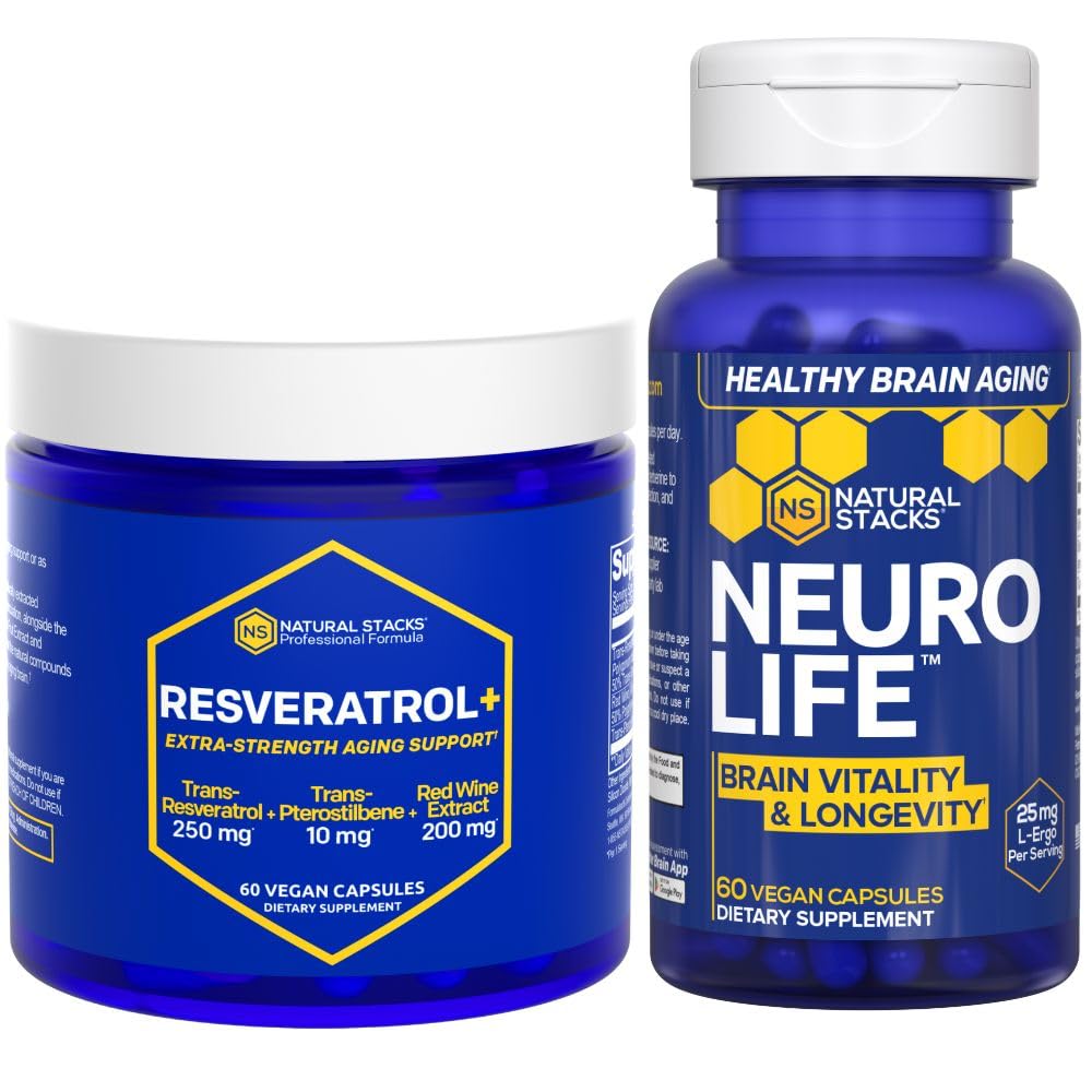 NATURAL STACKS NeuroLife & Resveratrol Supplement Bundle - Podporuje dlouhověkost a stárnutí mozku * - 120 Celkem Kapsle